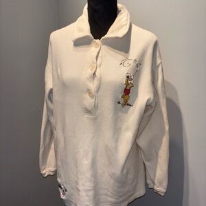 VTG‎ Disney Winnie The Pooh & Piglet Shirt Cream Embroidered Long Sleeve Waffle